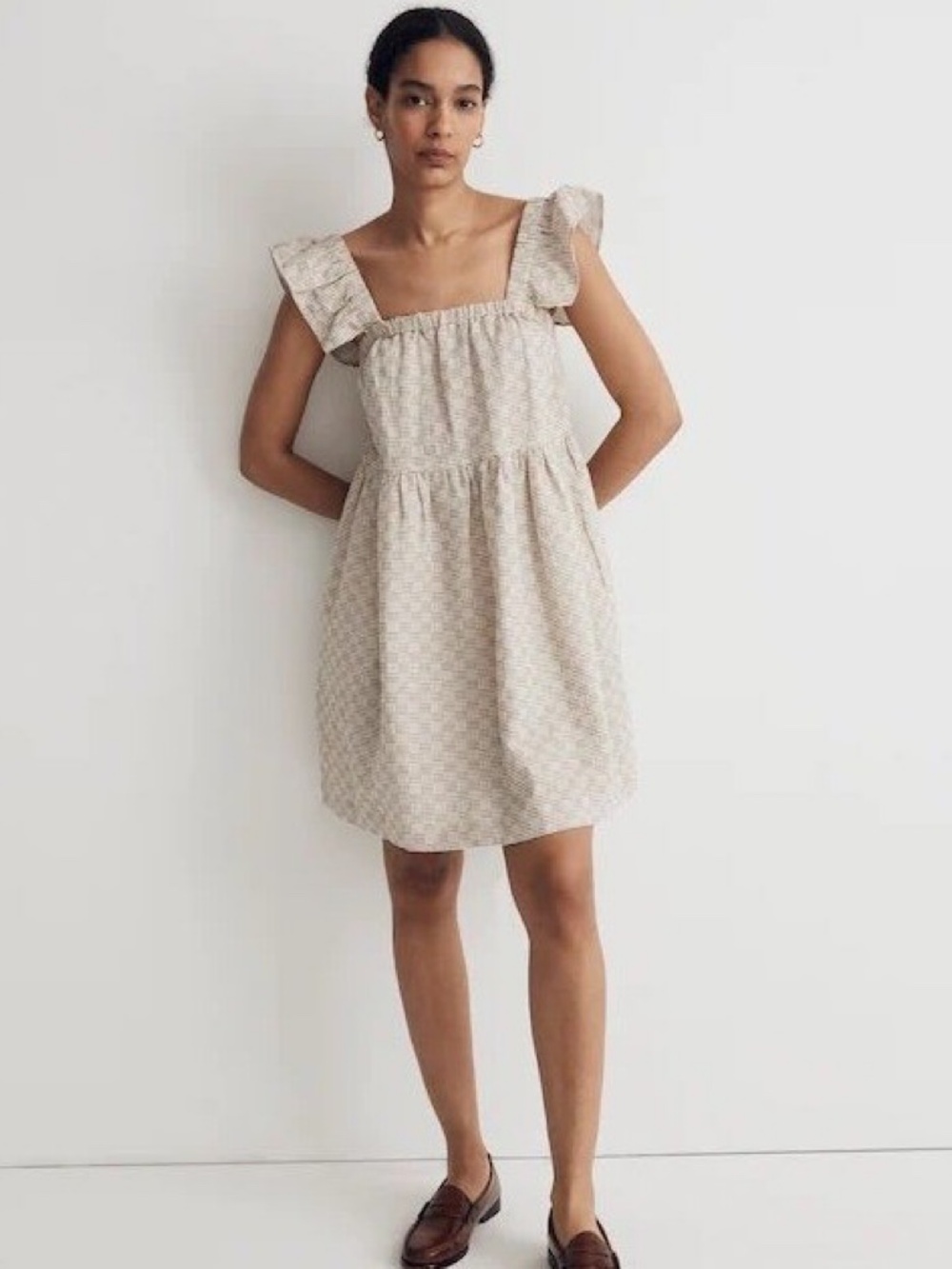 Madewell Cotton Linen Blend Brown Square Neck Flutter Sleeve Mini Dress Small
